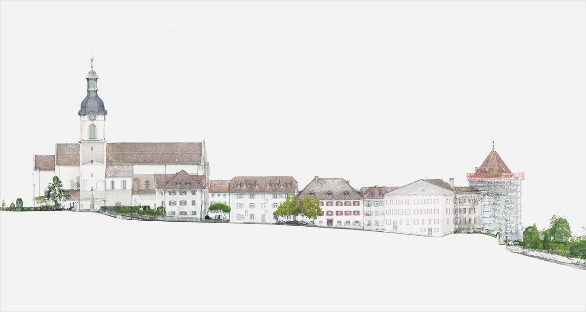 Schnitt durch den Innenhof und die Kathedrale St. Mariä Himmelfahrt