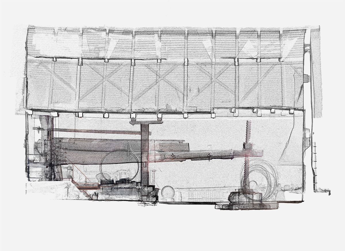 Längsschnitt, die Holzschraube zum Heben des Gegengewichts ist rechts sichtbar.